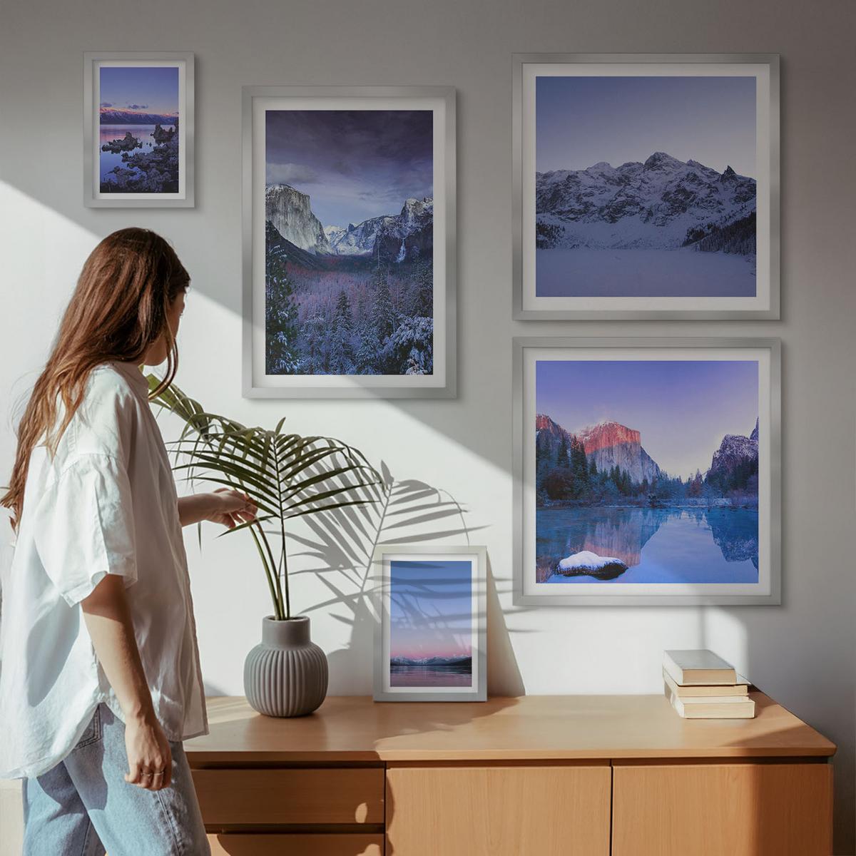 BILDER SET 5er Set - 50x50 cm & 20x30 cm & 40x60 cm Silberner Rahmen - Berglandschaften, Sonnenuntergang, Wasser - Silberfarben, Kunststoff (40/60cm) - TULUP