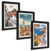 BILDER SET 3er Set - 20x30 cm Schwarzer Rahmen - Retro-Illustrationen von Weltstädten - Schwarz, Kunststoff (20/30cm) - TULUP