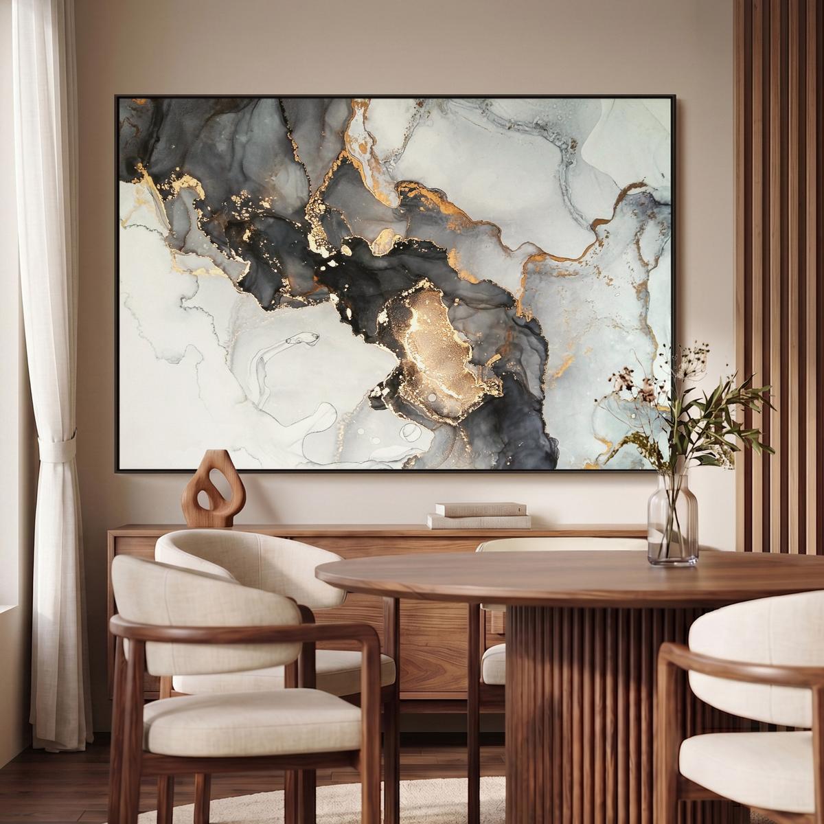 LEINWAND Bilder mit Rahmen - Marmor - Schwarz - Weiß - Gold - Luxus - Abstrakt - 140x90 - Goldfarben, Textil (140/90cm) - MuchoWow