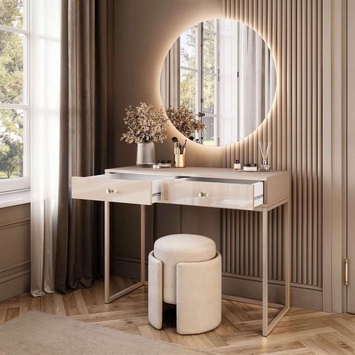 SCHMINKTISCH Blanco Glamour auf Kaschmir-Gestell mit LED-Spiegel Kristallgriff - Kaschmir, Holzwerkstoff (100/81/42cm) - Lookway