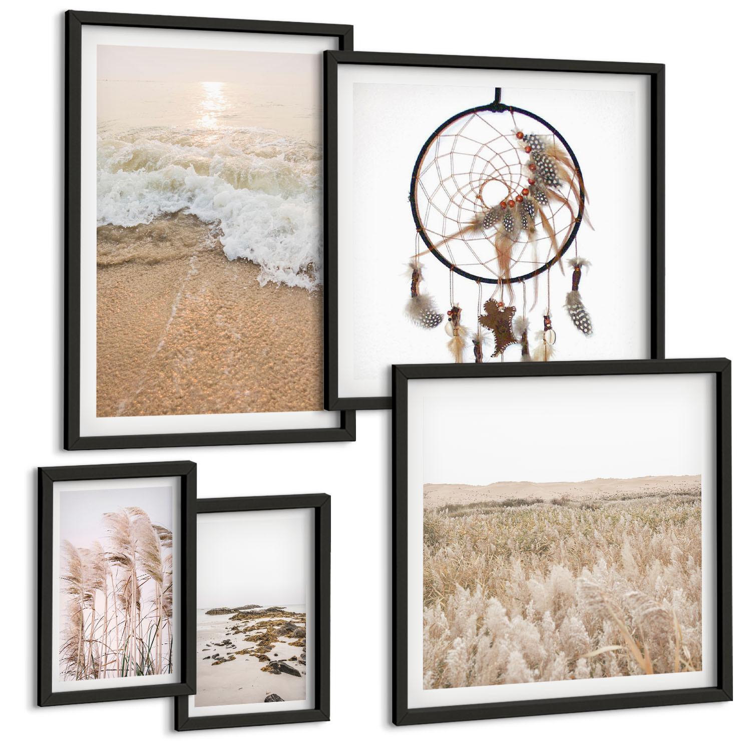 BILDER SET 5er Set - 50x50 cm & 20x30 cm & 40x60 cm Schwarzer Rahmen - Strandgras, Wellen, Steine, Boho-Stil - Schwarz, Kunststoff (40/60cm) - TULUP