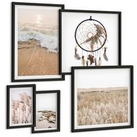 BILDER SET 5er Set - 50x50 cm & 20x30 cm & 40x60 cm Schwarzer Rahmen - Strandgras, Wellen, Steine, Boho-Stil - Schwarz, Kunststoff (40/60cm) - TULUP