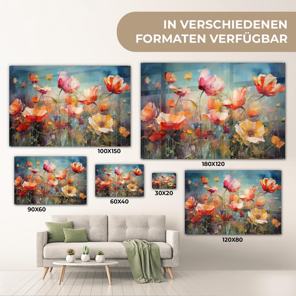 ACRYLGLASBILD Blumen - Aquarell - Kunst - Botanisch - Natur Wandbild Schlafzimmer 120x80 cm - Orange, Glas (120/80cm) - MuchoWow