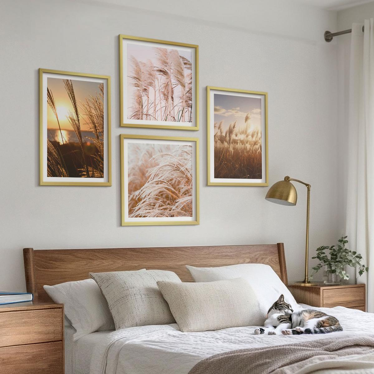 BILDER SET 4er Set - 50x50 cm & 40x60 cm Goldrahmen - Boho-Grasfeld-Sonnenuntergang - Goldfarben, Kunststoff (50/50cm) - TULUP