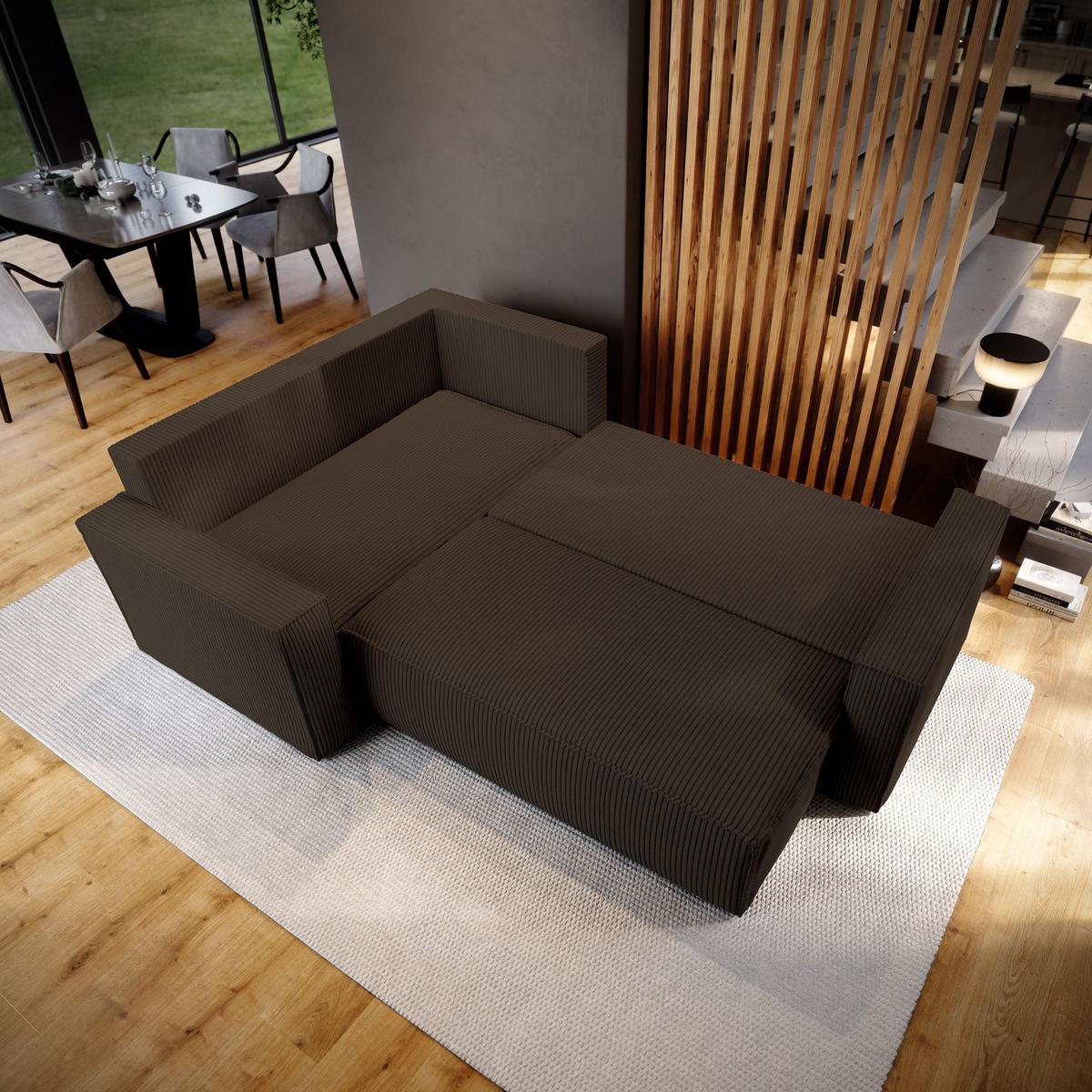 ECKSOFA ESTANO L-S Braun Kordstoff mit Schlaffunktion - Braun, Holz (230/158cm) - MASSENO