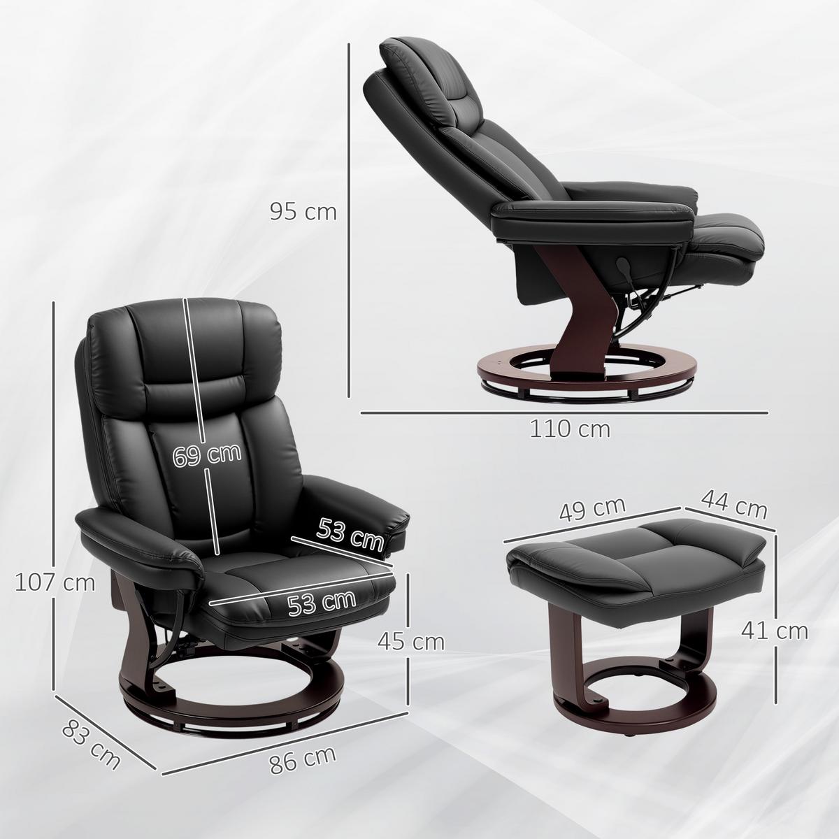 RELAXSESSEL mit Hocker drehbarer Fernsehsessel mit Liegefunktion Taschenfeder - Schwarz, Kunststoff (83/107/86cm) - HOMCOM
