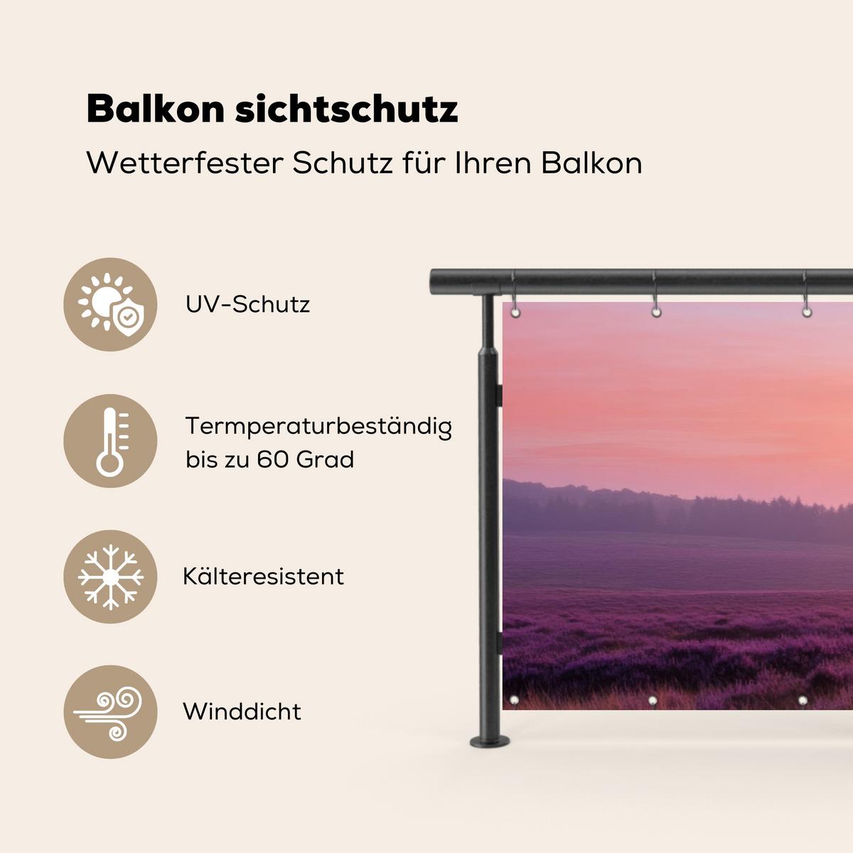 BALKON-SICHTSCHUTZ Baum - Heidekraut - Sonnenaufgang Windschutz 300x100 cm - Flieder, Kunststoff (300/100cm) - MuchoWow