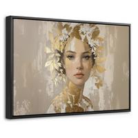 LEINWAND Bilder mit Rahmen - Gesicht - Frau - Blätter - Gold - 60x40 - Beige, Textil (60/40cm) - MuchoWow