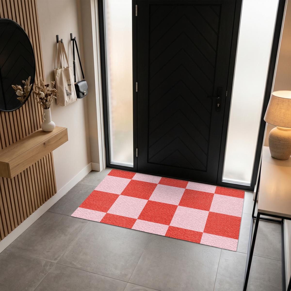 FUSSMATTE Schachbrettmuster - Rot - Rosa - Würfel Türmatte 150x90 cm - Rot, Kunststoff (150/0.4cm) - MuchoWow