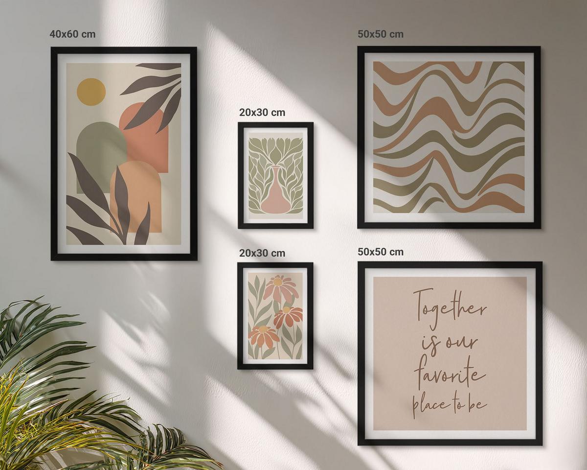 BILDER SET 5er Set - 50x50 cm & 20x30 cm & 40x60 cm Schwarzer Rahmen - Abstrakte Pastellblumen - Schwarz, Kunststoff (40/60cm) - TULUP