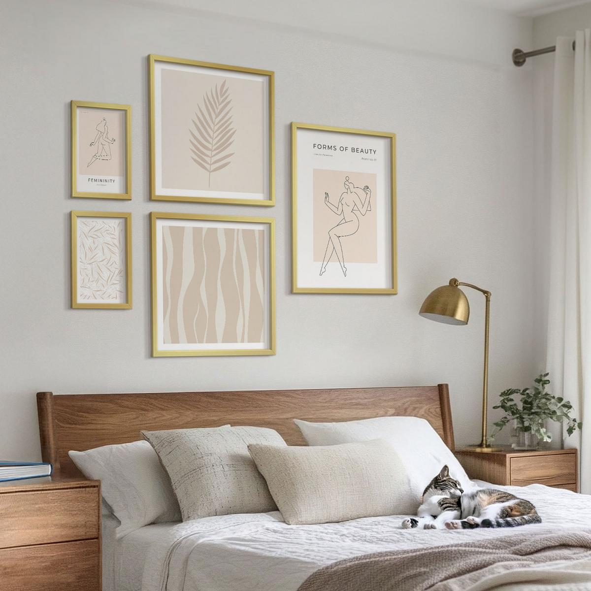 BILDER SET 5er Set - 50x50 cm & 20x30 cm & 40x60 cm Goldrahmen - Minimalistische Pflanzenmotive - Goldfarben, Kunststoff (40/60cm) - TULUP