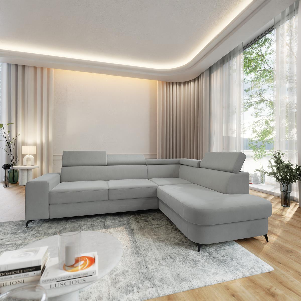 ECKSOFA ALVORO R-S Hellgrau Velours-Stoff mit Schlaffunktion - Hellgrau, Holz (253/190cm) - MASSENO