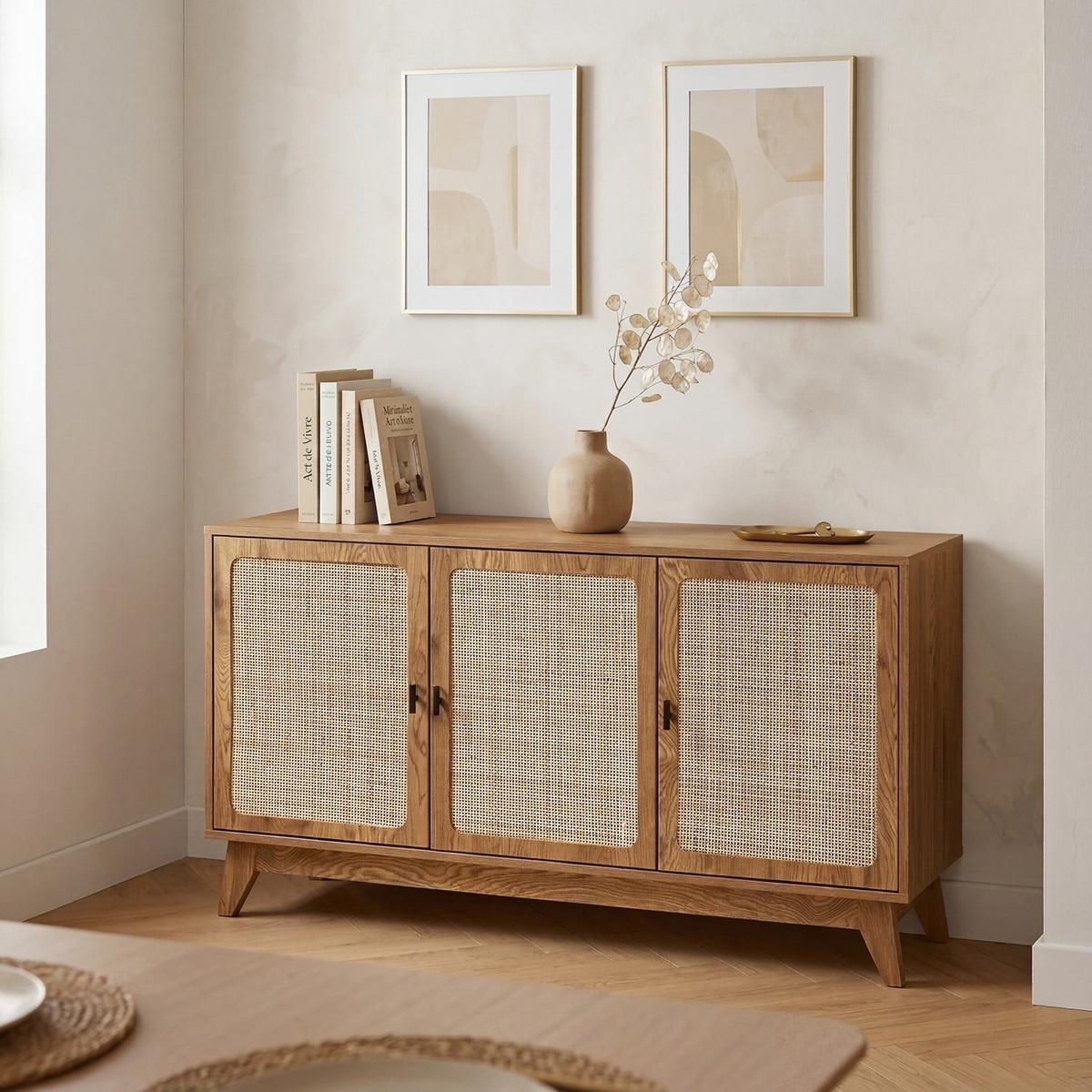 SIDEBOARD 3 Türen mit Naturgeflecht-Front B120 cm - ALIA - Eschefarben, Holzwerkstoff (40/72/46cm) - Calicosy