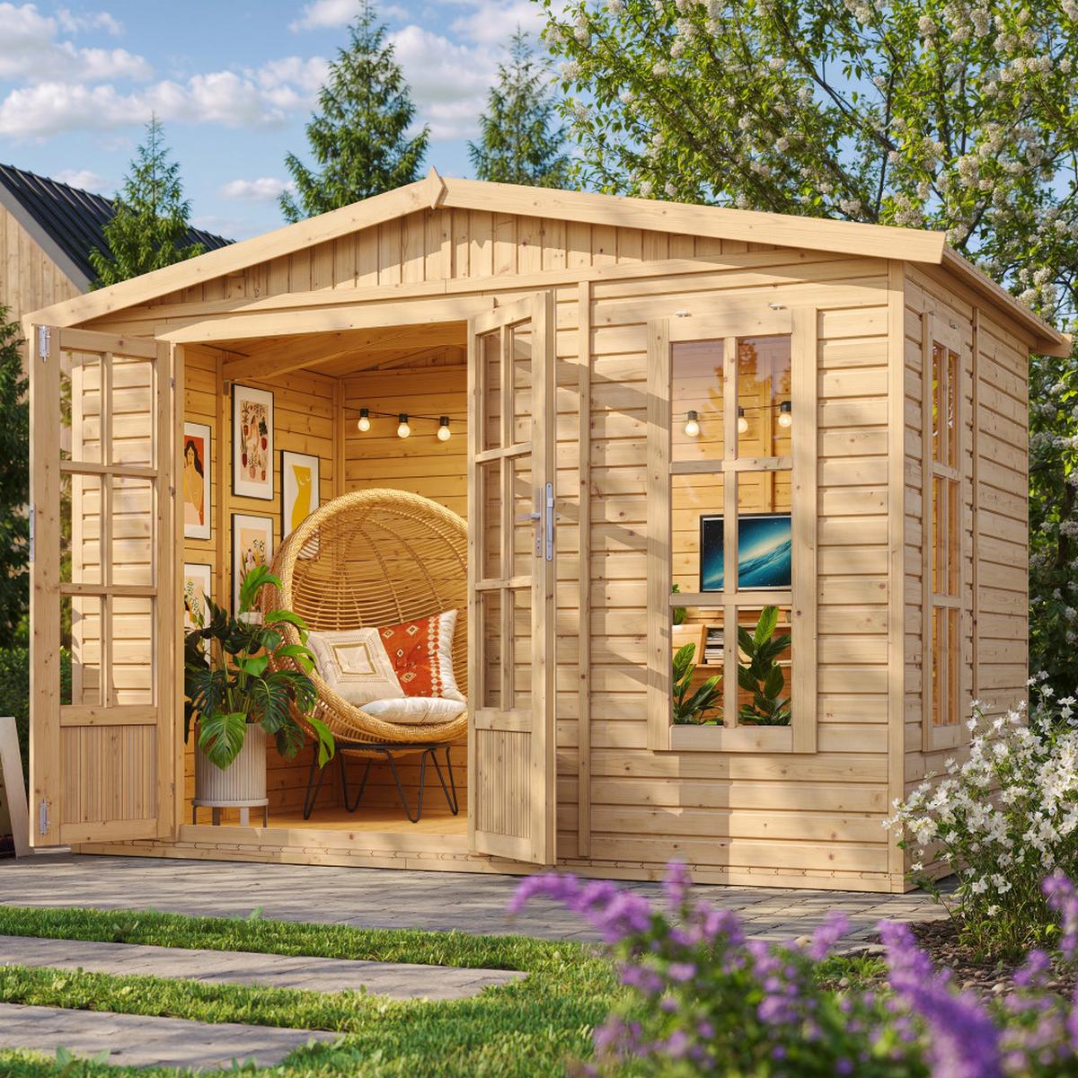 GARTENHAUS HOLZ 6 m2 - H232 x 332 x 222 cm - Gerätehaus Holz Garten-Studio M334FB+H334FBGREY - Beige, Holz (332/232/199cm) - Timbela