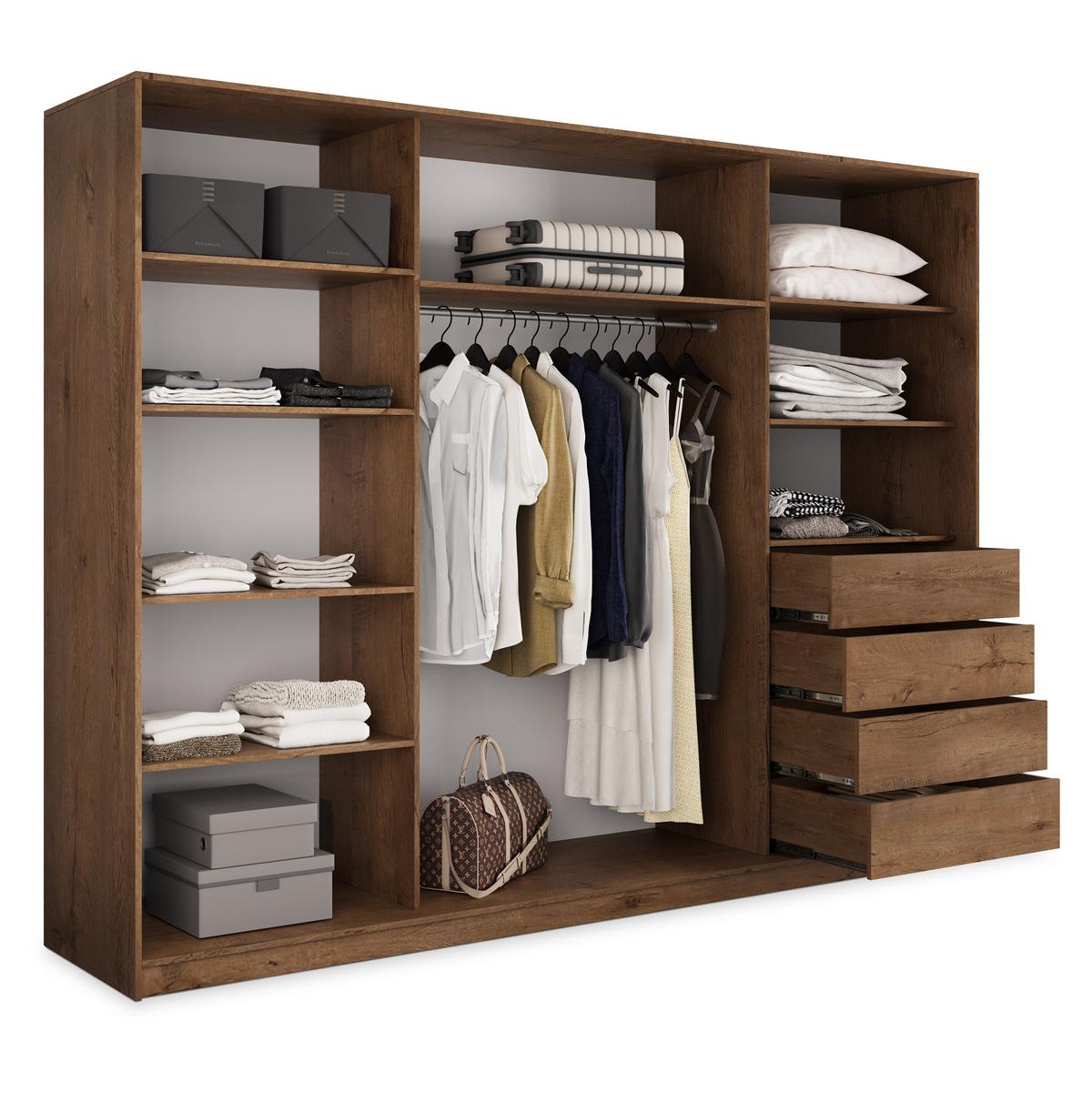 SCHWEBETÜRENSCHRANK PINA 270/205/58 cm 3-türig mit Spiegel und 4 Schubladen Eichefarben - Eichefarben, Holzwerkstoff (270/205/58cm) - MASSENO