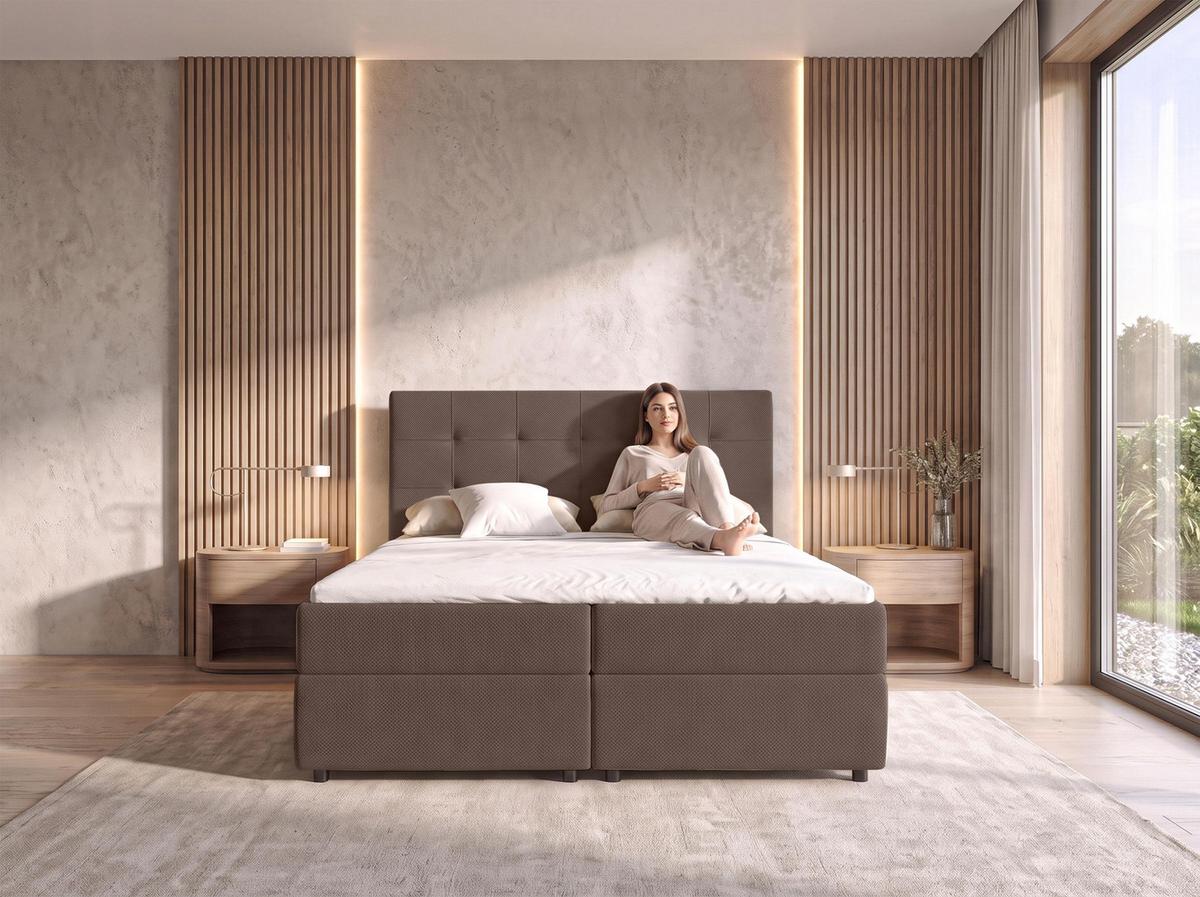 BOXBETT SAKARYA 140x200 cm mit Bettkasten und Matratze - Braun + TOPPER - Schwarz/Braun, Holz/Holzwerkstoff (140/200cm) - AX Living