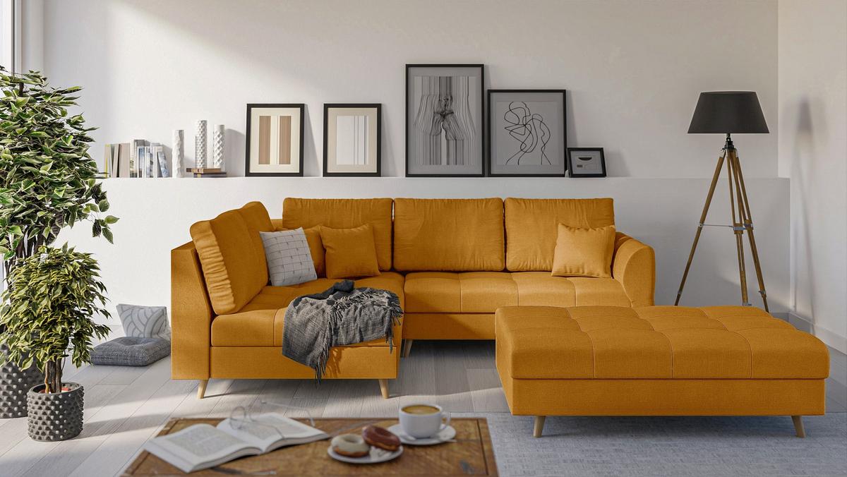 ECKSOFA MIT HOCKER Lorine Mikrofaser Gelb - Hellbraun/Gelb, Buchenholz/Textil (231/161cm) - S-Style Möbel