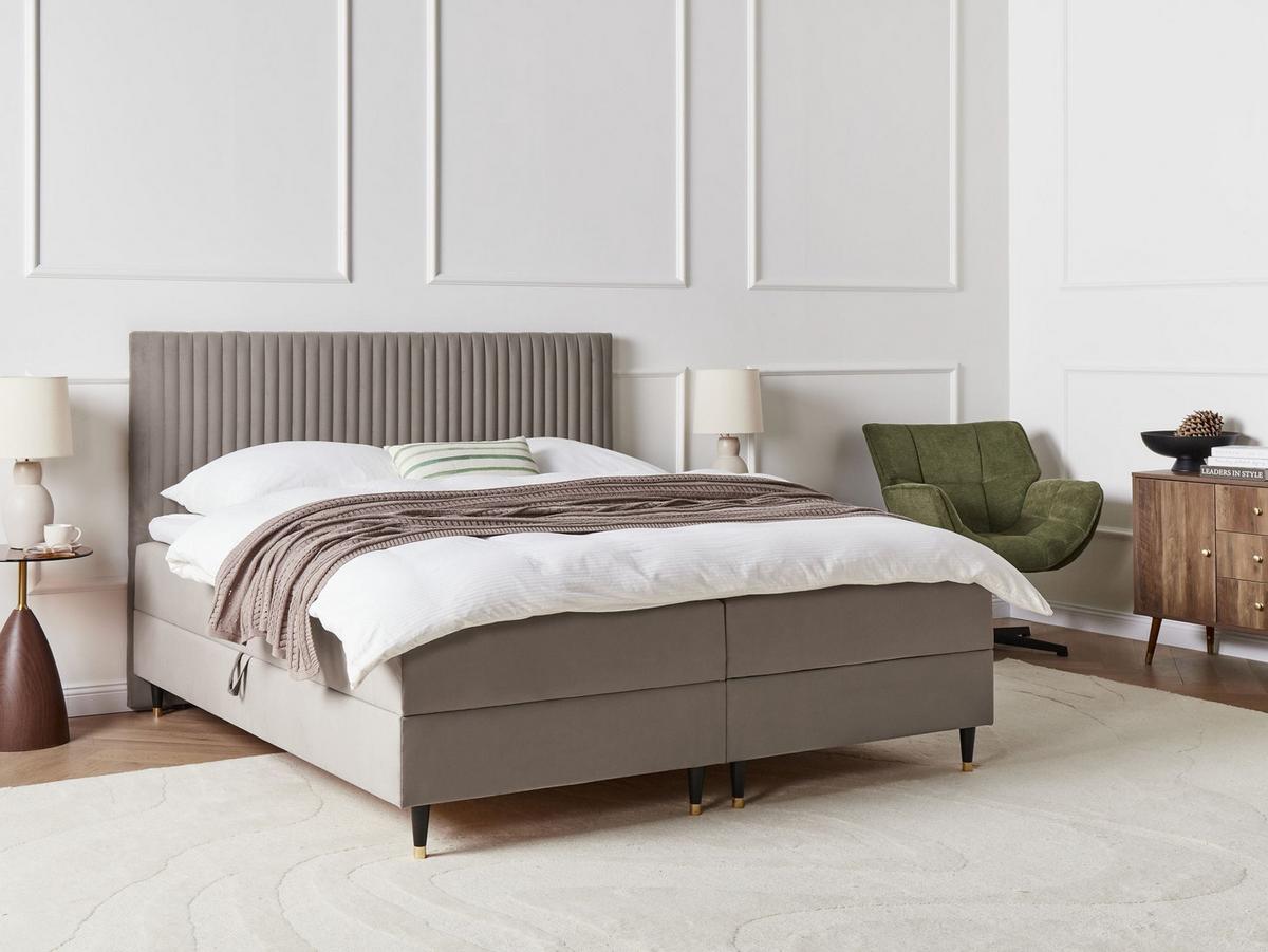 BOXSPRINGBETT mit Stauraum 180/200 cm Samtstoff Taupe Dame - Taupe, Textil (180/200cm) - Beliani