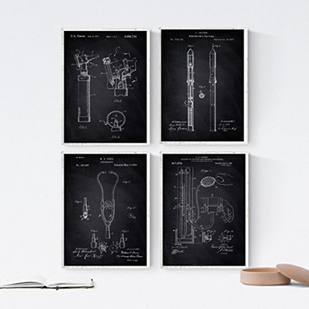POSTER Set mit 4 Schwarz medizinischen Geräten PATENT A4 Schwarzer Rahmen - Schwarz, Papier (29.7/3cm) - Nacnic