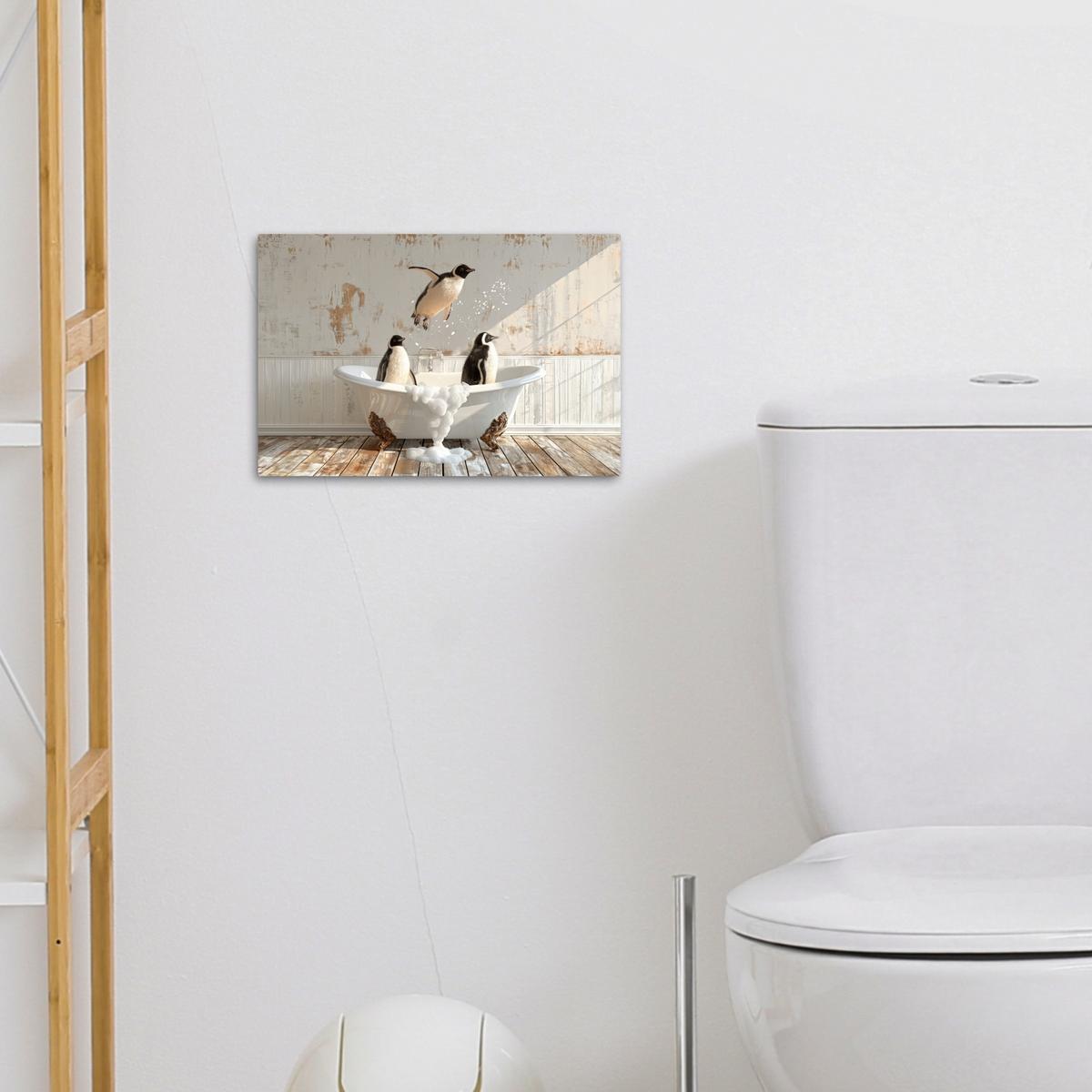 LEINWANDBILD Vintage - Pinguin - Badewanne - Schaumstoff Deko Schlafzimmer 30x20 cm - Schwarz, Textil (30/20cm) - MuchoWow