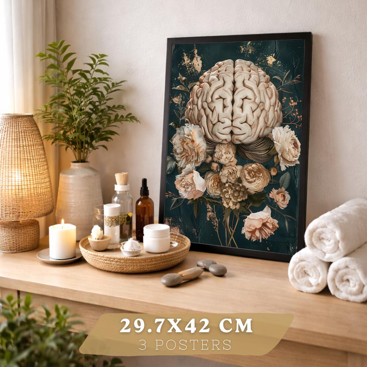 POSTER Set aus 3 Anatomie Drucke und Dekorative Wandbilder mit Herz Gehirn Lungen Atmungssystem Florales Grün Gold Design Größe Schwarzer Rahmen A3 - Schwarz, Papier (29.7/42/3cm) - Nacnic