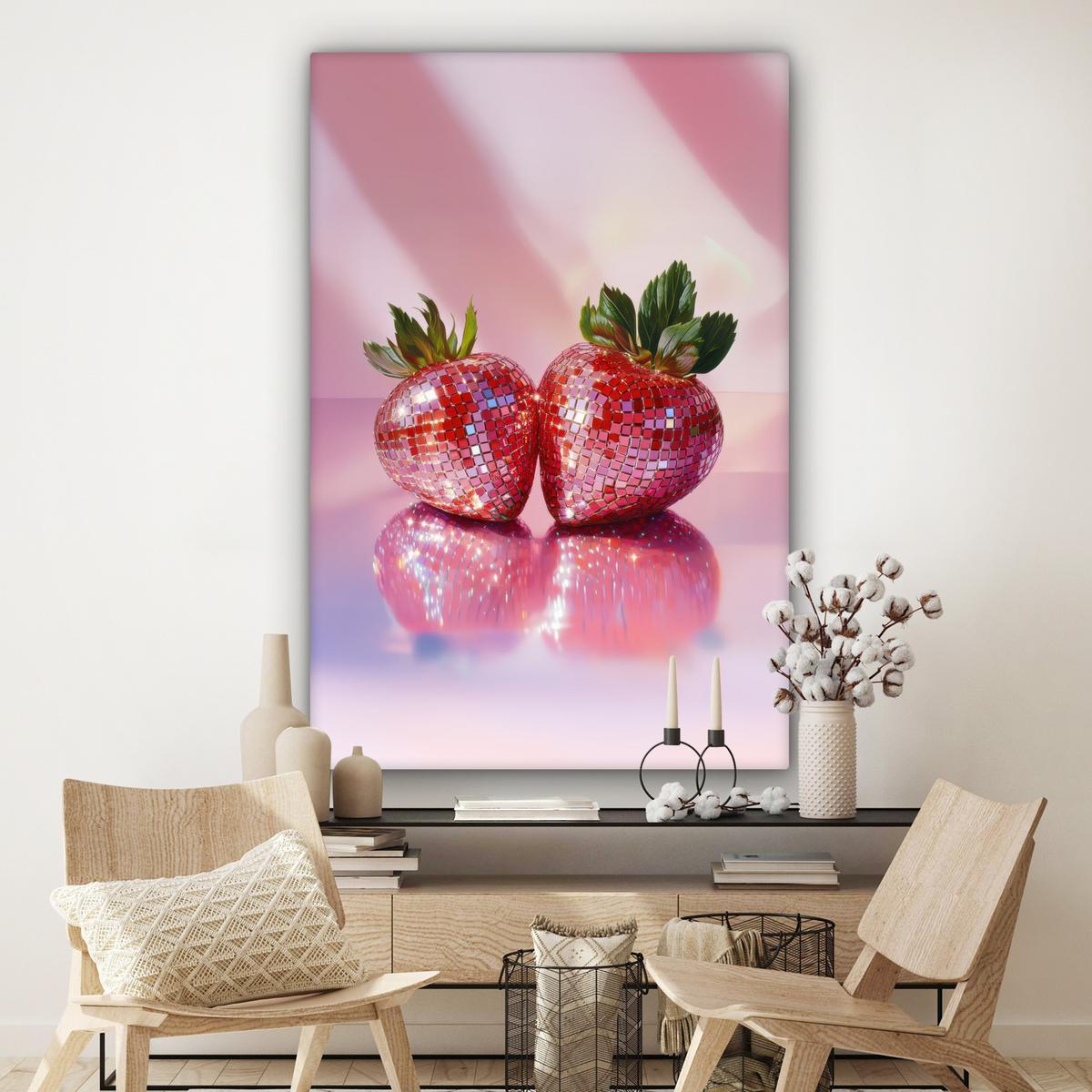 LEINWANDBILD Disco - Obst - Glitzer - Erdbeere Deko Groß 90x140 cm - Pink, Textil (90/140cm) - MuchoWow