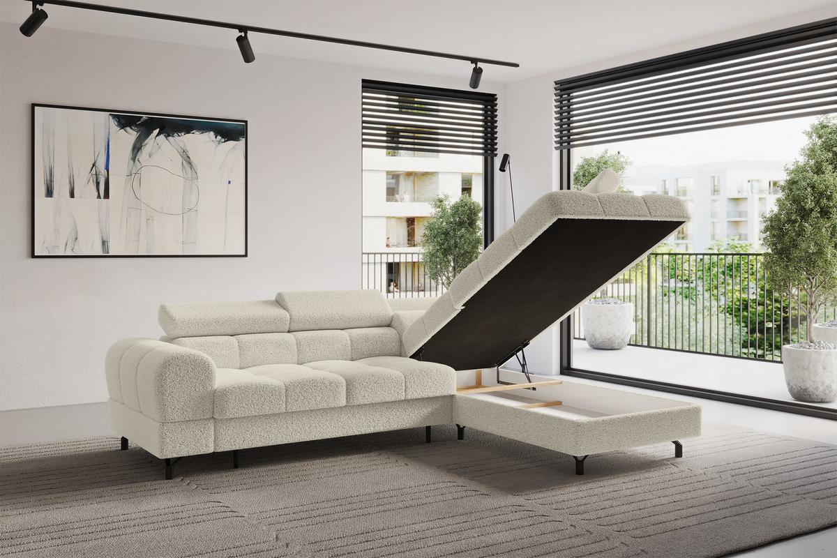 ECKSOFA mit Schlaffunktion Ottomane Rechts LUMA-L 272x203x70 Beige Bouclé - Beige/Schwarz, Holzwerkstoff/Kunststoff (203/272cm) - ALTDECOR