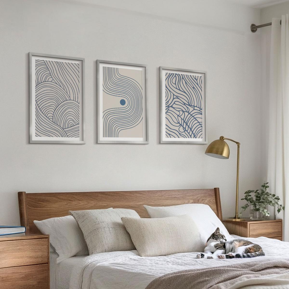 BILDER SET 3er Set - 40x60 cm Silberner Rahmen - Abstrakte Linien, Wellenformen - Silberfarben, Kunststoff (40/60cm) - TULUP
