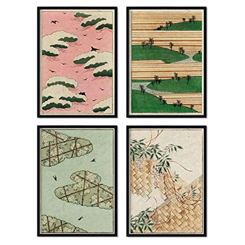 POSTER Set mit 4 Landschaftsblätter japanischen JahrgangMagazins Shin Bijutsukai A4 Schwarzer Rahmen - Schwarz, Papier (29.7/3cm) - Nacnic