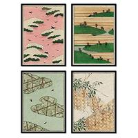 POSTER Set mit 4 Landschaftsblätter japanischen JahrgangMagazins Shin Bijutsukai A4 Schwarzer Rahmen - Schwarz, Papier (29.7/3cm) - Nacnic