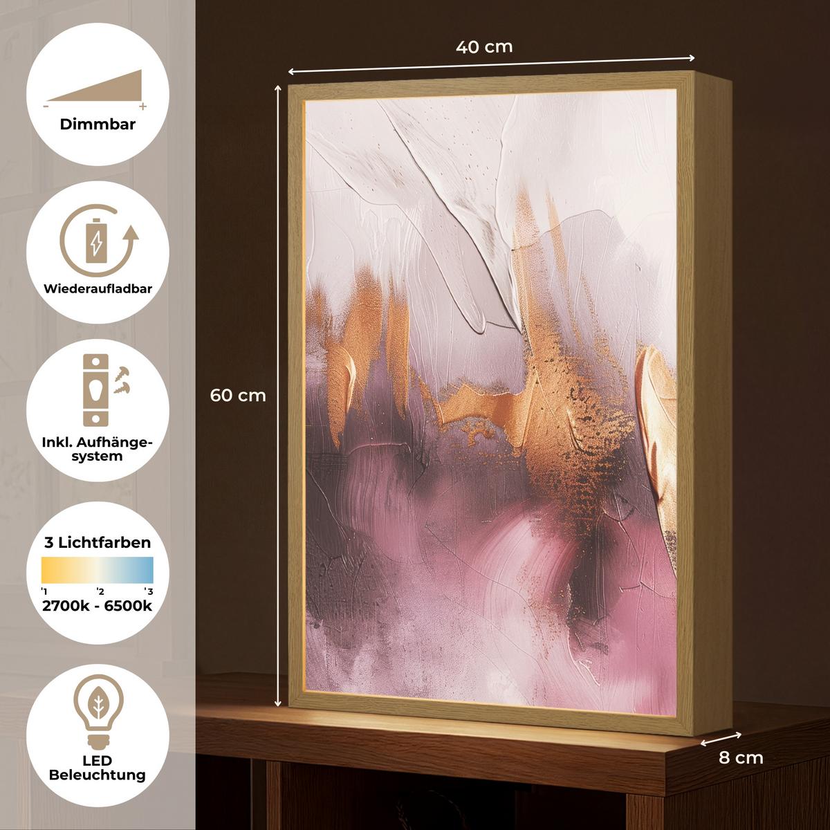 WANDLEUCHTE MIT AKKU Lila - Abstrakt - Farbe - Gold 40x60 cm - Mauve, Holzwerkstoff (40/60/8cm) - OnlyWow
