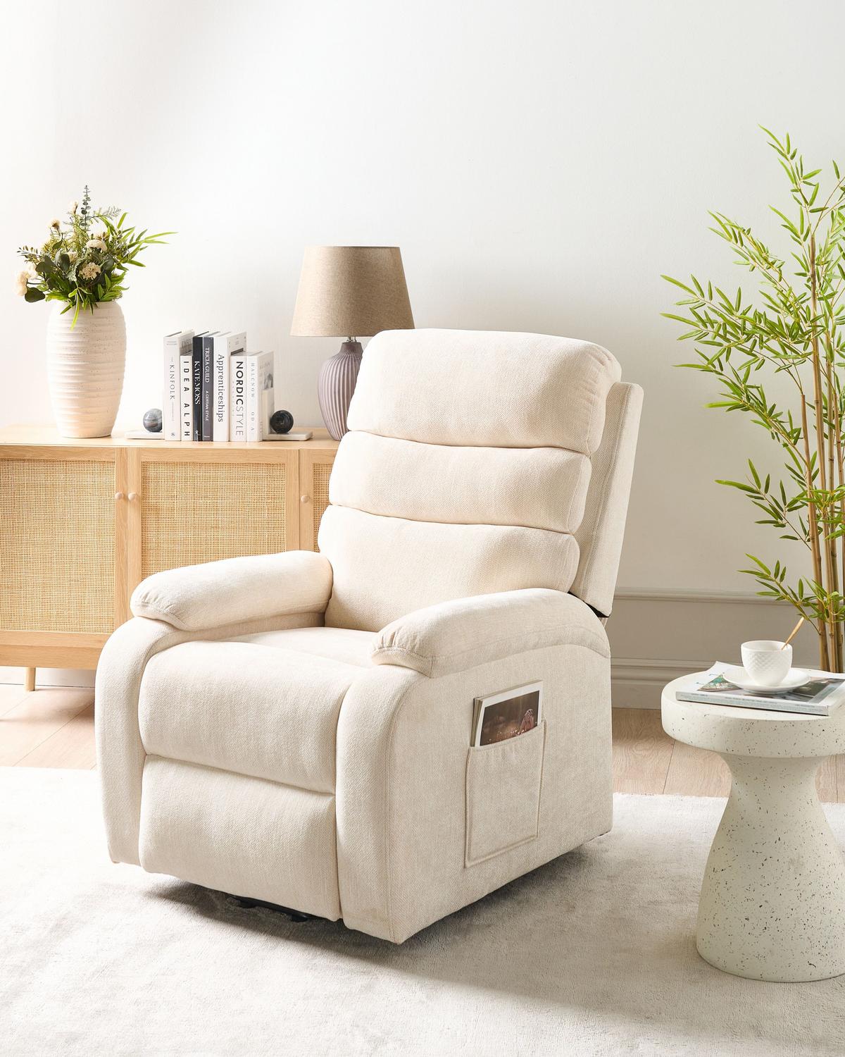 ELEKTRISCHER-FERNSEHSESSEL mit Fußstütze Stoff Hellbeige Rise - Beige, Textil (80/105/91cm) - Beliani