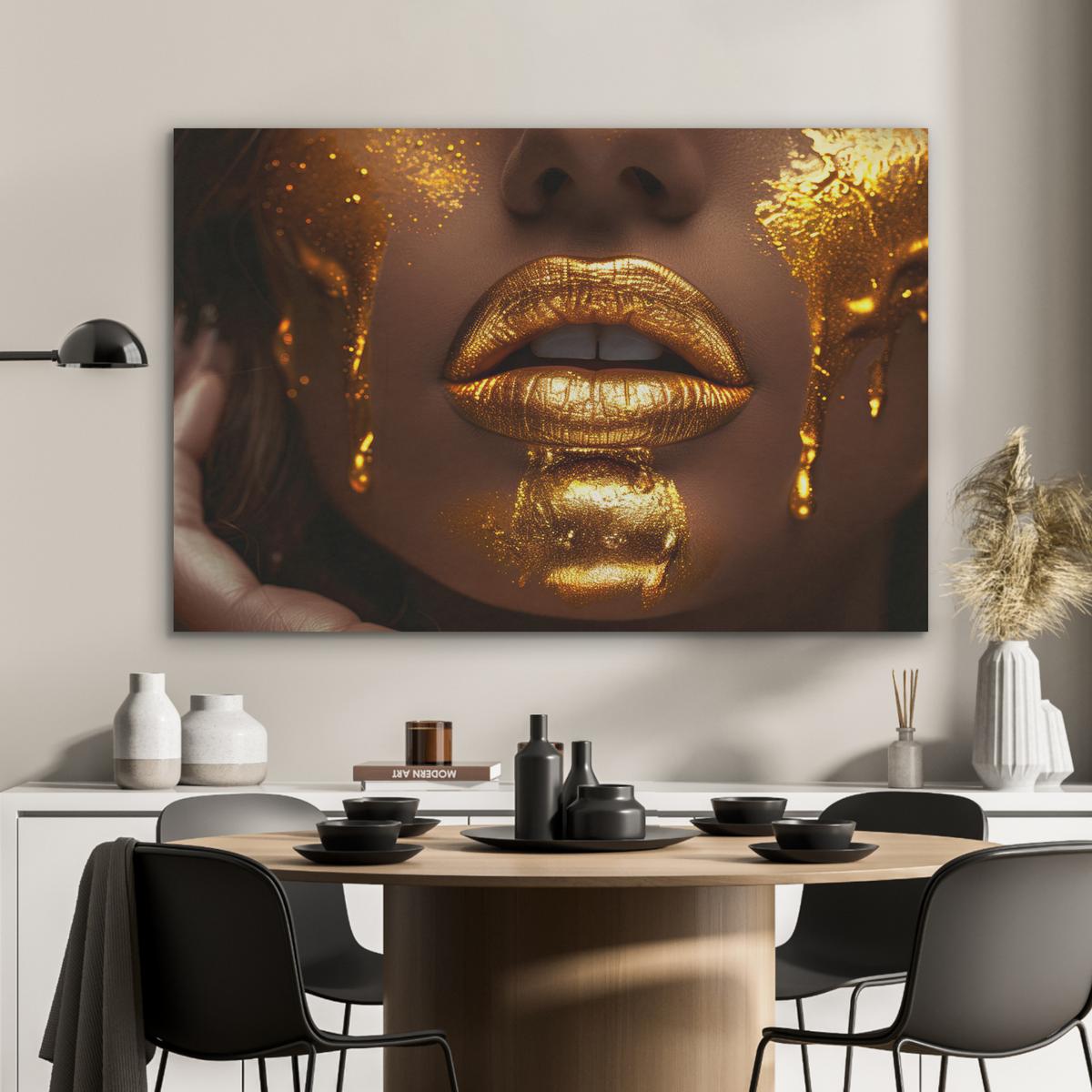 AKUSTIKBILD Frau - Gold - Luxus - Porträt Wandbild Wohnzimmer 100x70 cm - Goldfarben, Kunststoff (100/70/0.9cm) - MuchoWow