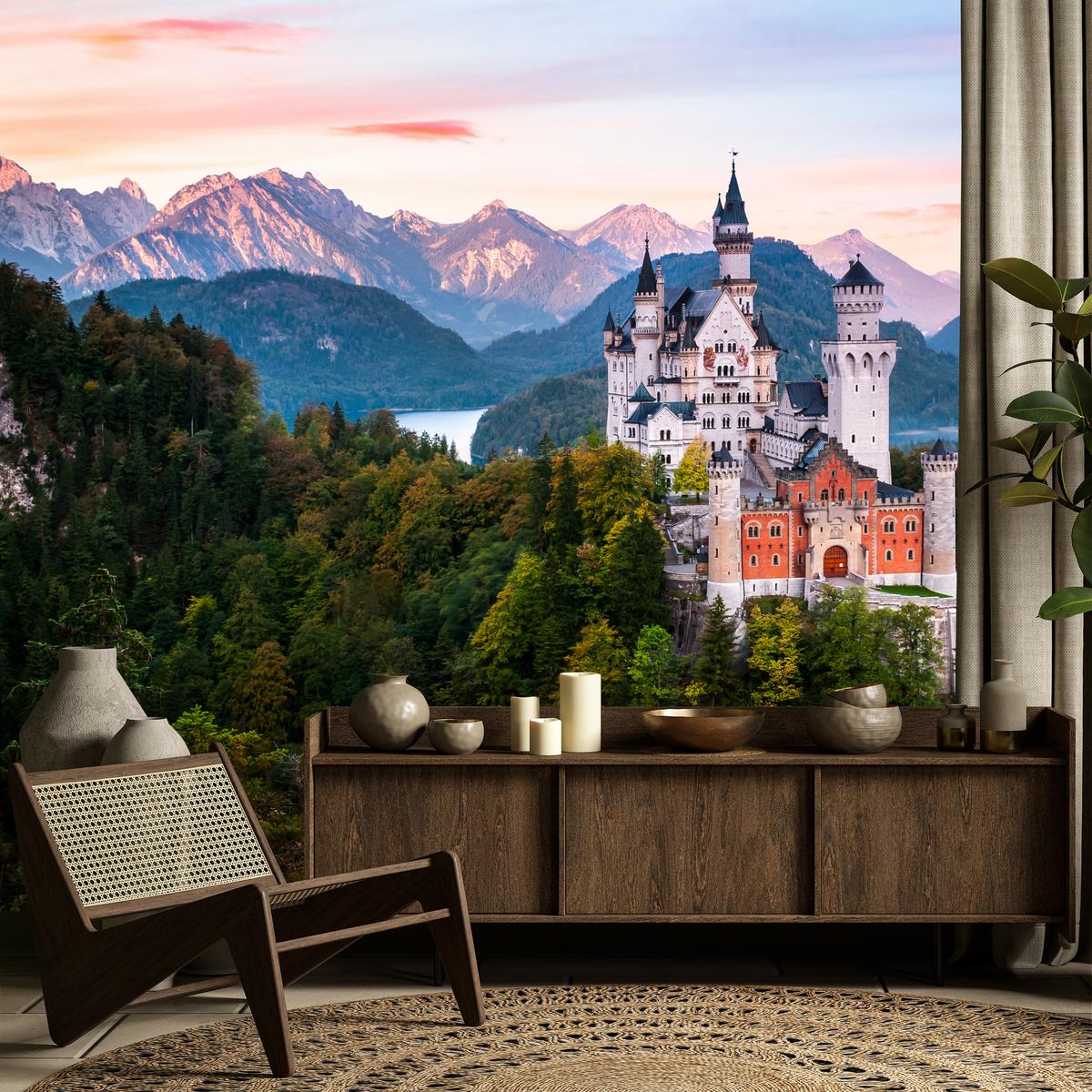 FOTOTAPETE für Schlafzimmer Schloss Bergwald Bäume Grün 200x140 - Multicolor, Papier (200/140cm) - Muralo