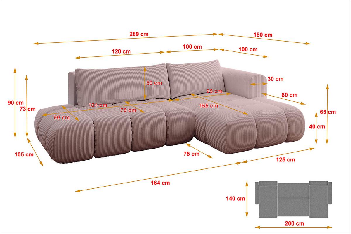 ECKSOFA Ottomane Rechts CLOUD-L 280x185x90 Rosa Cord - Rosa, Holzwerkstoff/Kunststoff (185/280cm) - ALTDECOR