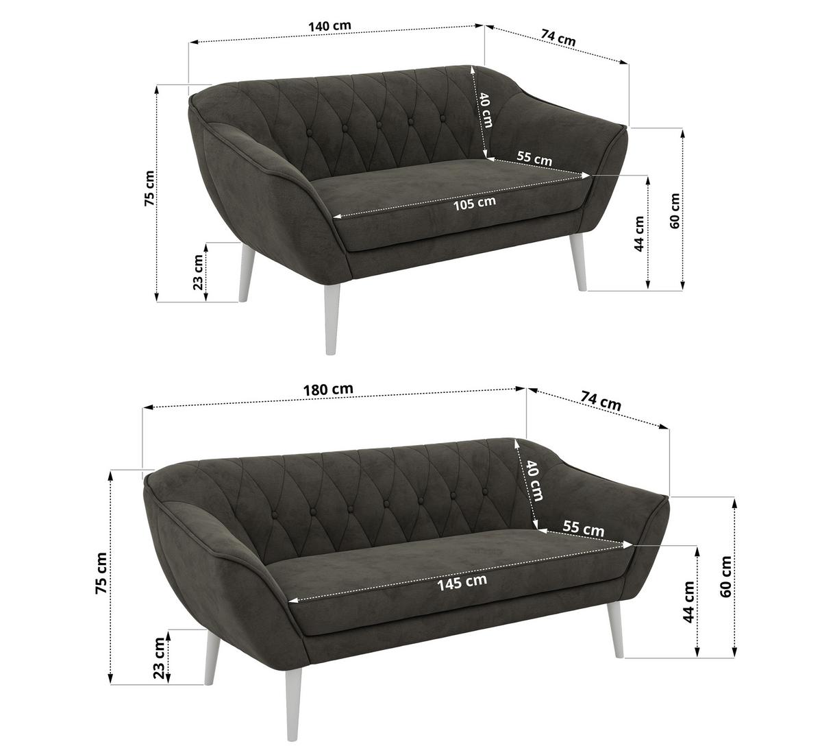 SITZGARNITUR PIRS 3+2 - Dunkelgrau Velvet - Weiße Beine - Dunkelgrau/Weiß, Holzwerkstoff/Textil (180/75/74cm) - MKS