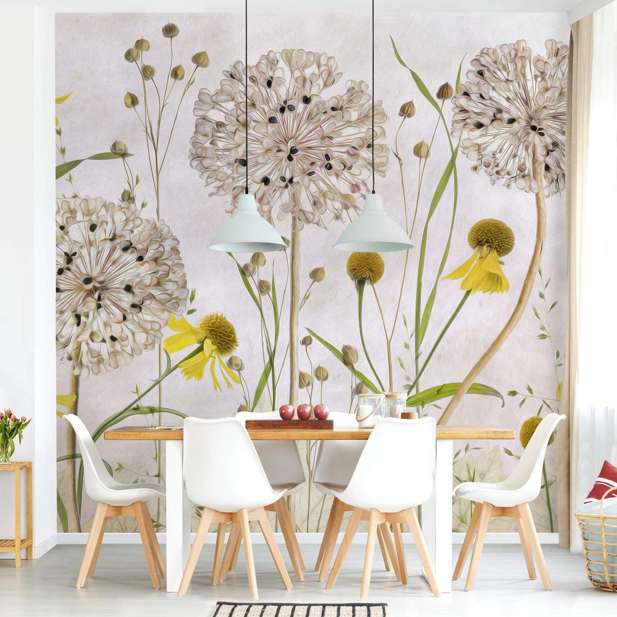 FOTOTAPETE Allium und Helenium Illustration 192/192 cm - Eichefarben, Papier (192/192cm) - Bilderwelten