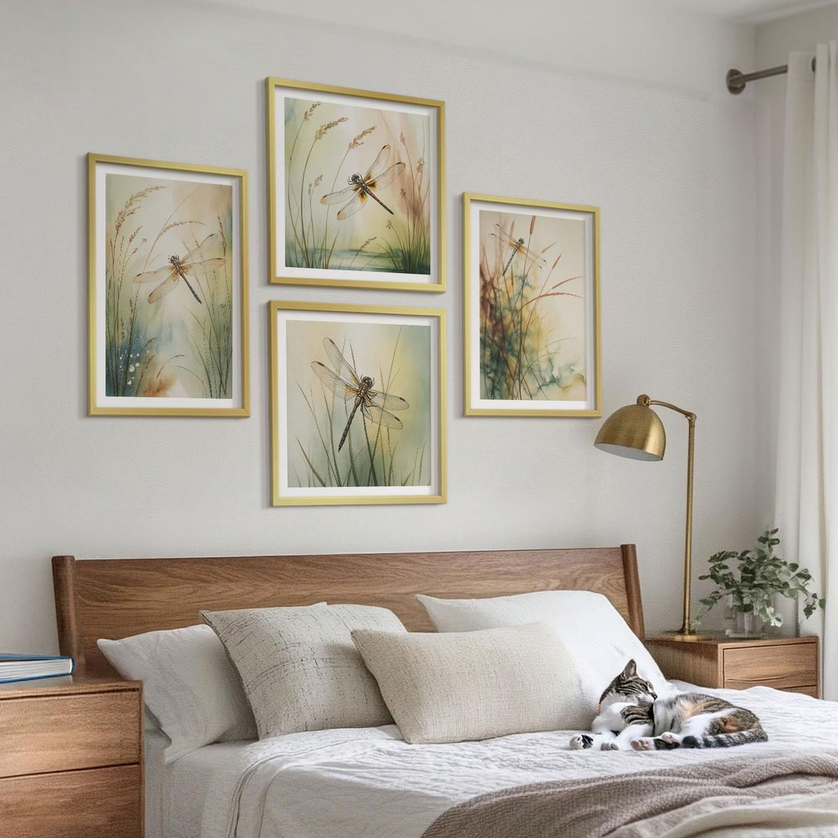 BILDER SET 4er Set - 50x50 cm & 40x60 cm Goldrahmen - Libellengräser über dem Wasser - Goldfarben, Kunststoff (50/50cm) - TULUP