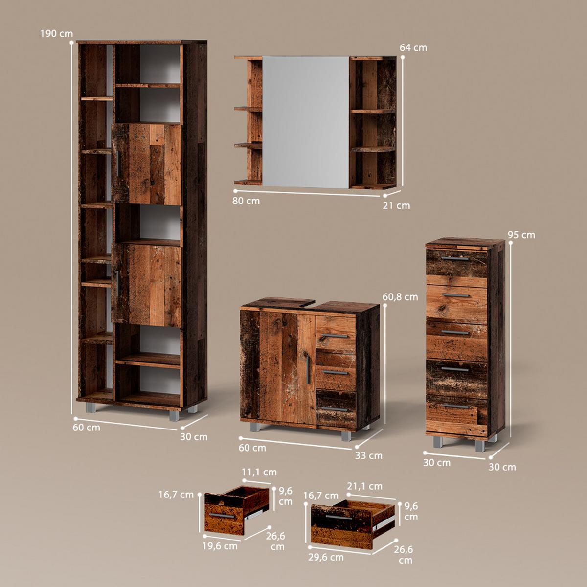 BADMÖBEL-SET Eisak Eiche rustikal 4 Teile - Wildeiche, Holzwerkstoff (60/60/33cm) - Livinity®