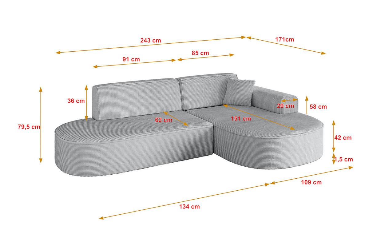ECKSOFA Ottomane Rechts MARI-L1 - 243x171x79 cm Grau Cord - Schwarz/Grau, Holzwerkstoff/Kunststoff (234/163cm) - ALTDECOR