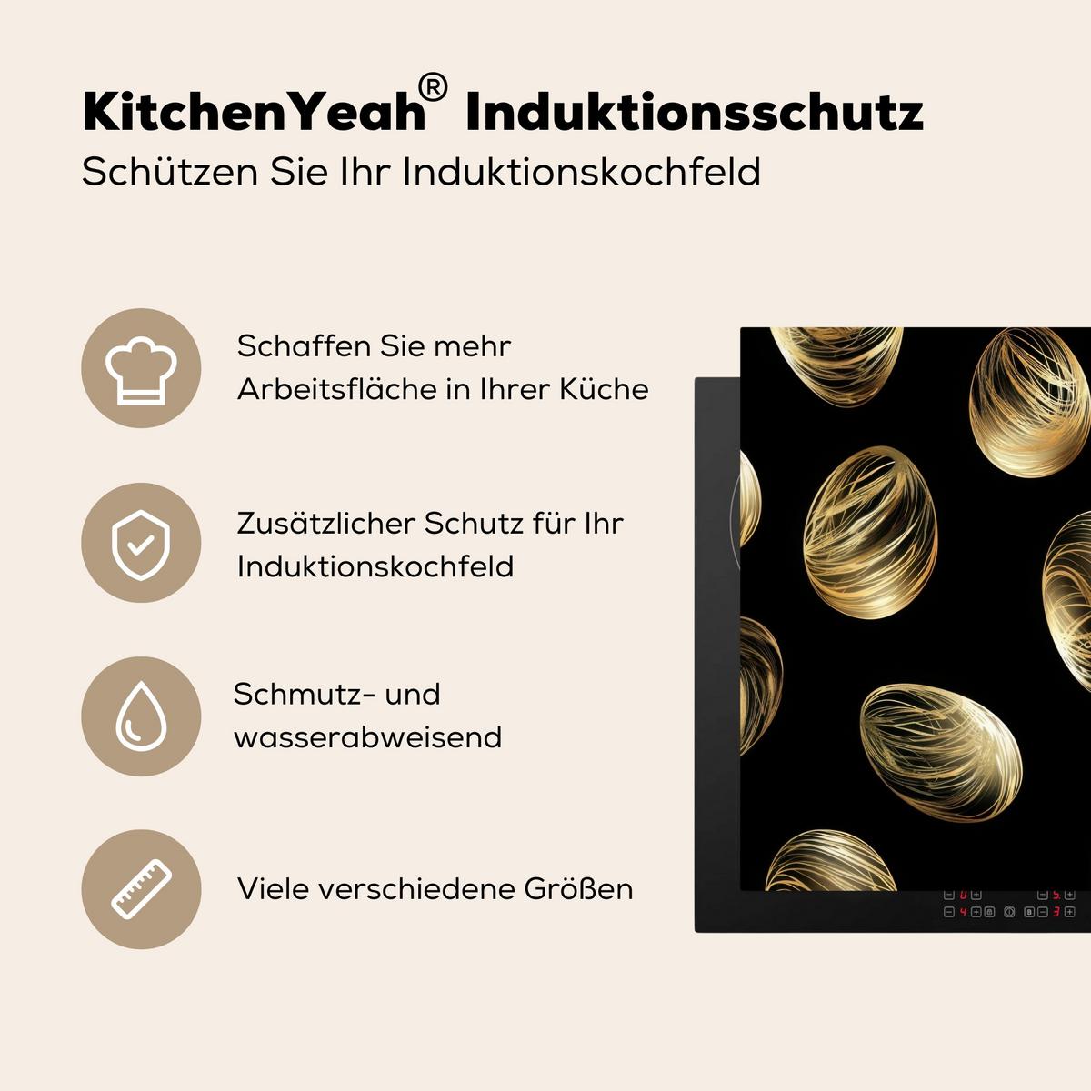 HERDABDECKPLATTE Eier - Gold - Muster Herdabdeckung Induktionsfeld 70x52 cm - Schwarz, Kunststoff (70/52/0.2cm) - MuchoWow