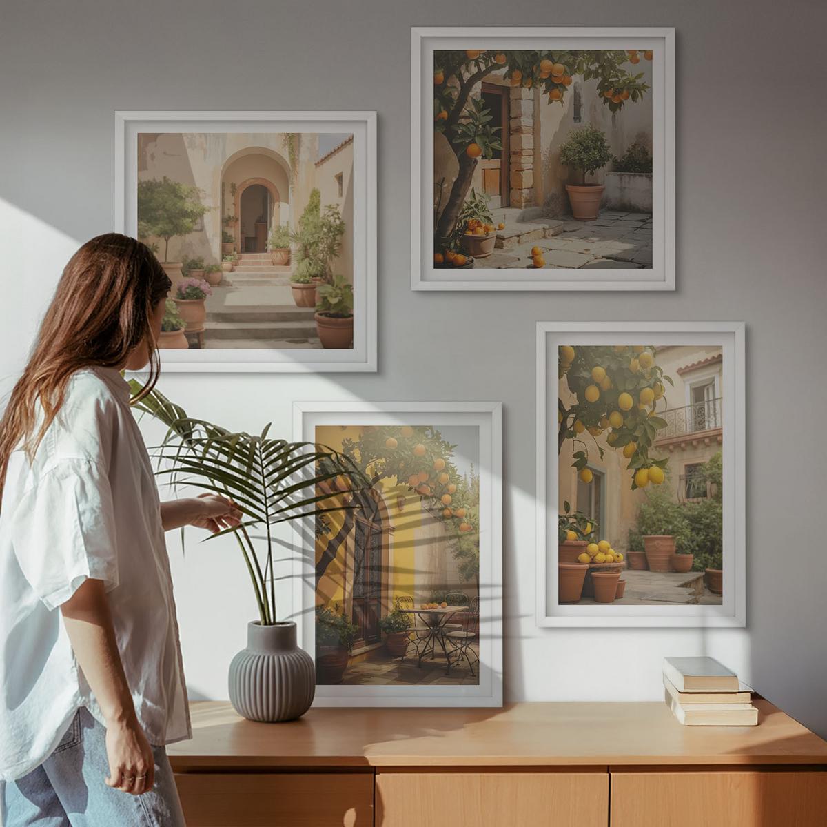 BILDER SET 4er Set - 50x50 cm & 40x60 cm Weißer Rahmen - Terrasse mit Zitrusbäumen - Weiß, Kunststoff (50/50cm) - TULUP