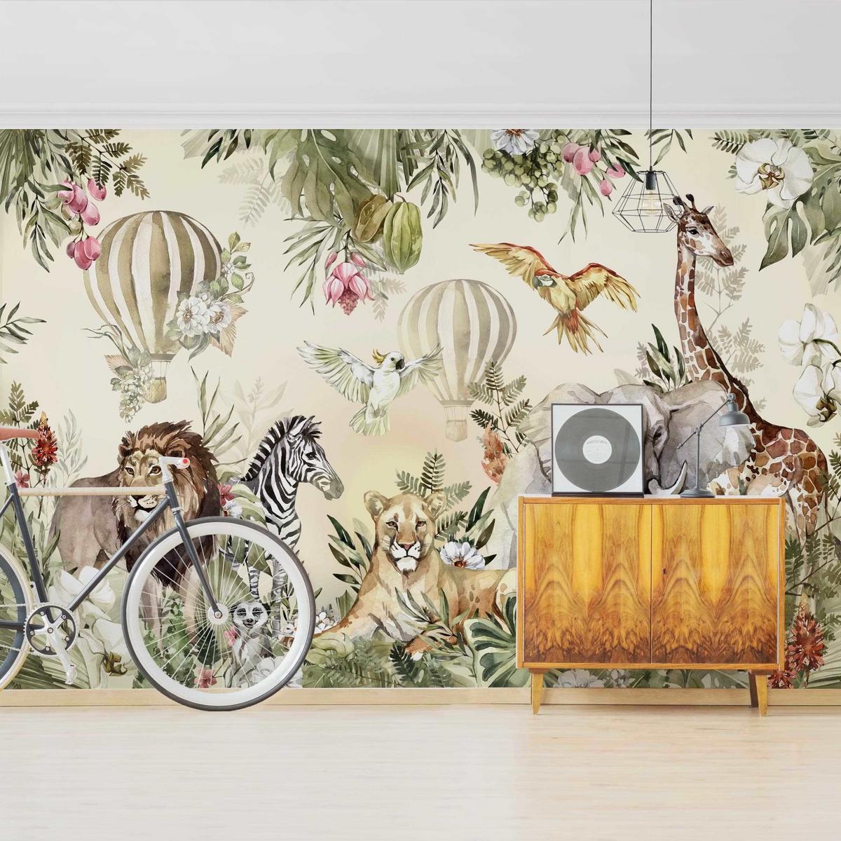FOTOTAPETE Aquarell Savannen Tiere 384/255 cm - Multicolor, Papier (384/255cm) - Bilderwelten
