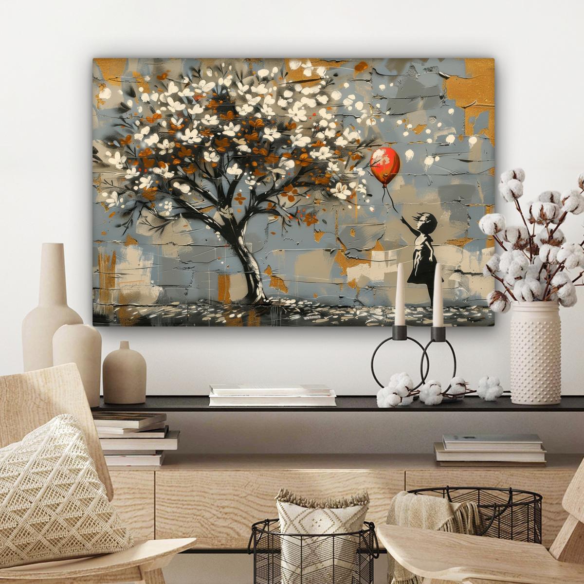 LEINWANDBILD Baum - Graffiti - Banksy-Stil - Ballon-Mädchen Gemälde 60x40 cm - Blaugrau, Textil (60/40cm) - MuchoWow