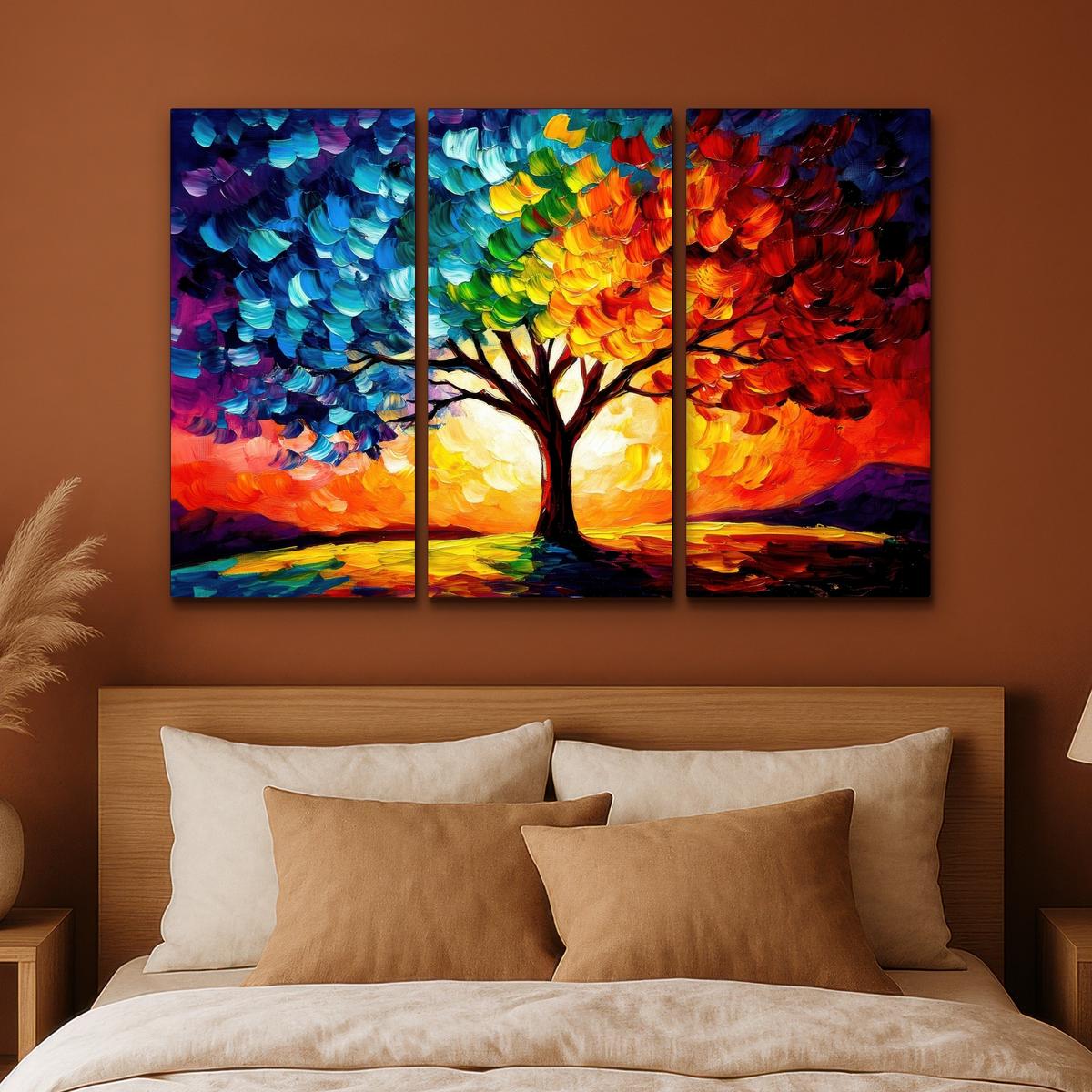 LEINWANDBILD 3er Set Baum - Farbenfroh - Malerei-Look - Abstrakt 180x120 cm - Multicolor, Textil (180/120cm) - MuchoWow