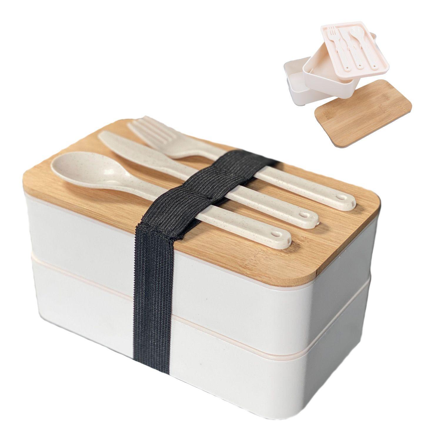 LUNCH BROTBOX mit Messer Gabel Löffel - Weiß, Naturmaterialen (10.5/9.3/18.5cm) - Intirilife