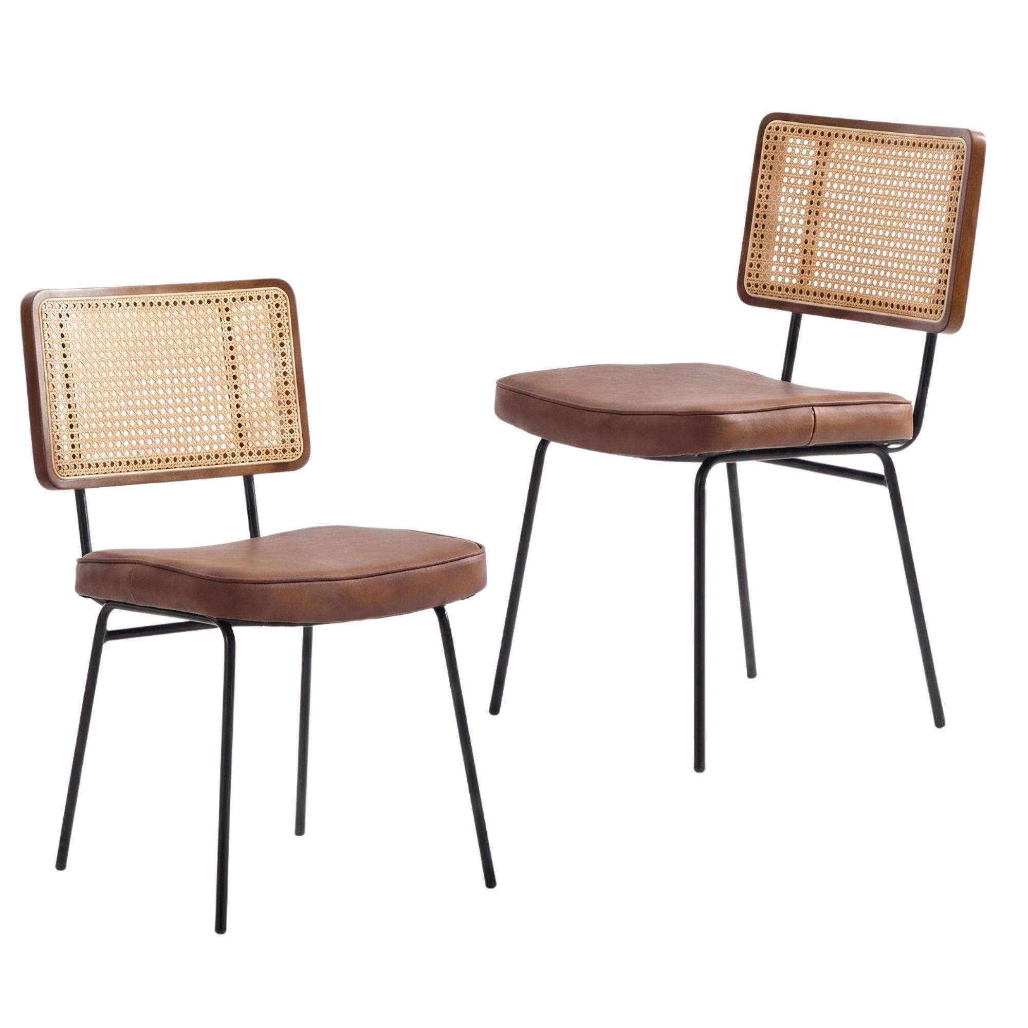 ESSZIMMERSTUHL 2er-Set Vintage PU-Leder Rattan-Optik Holz & Metallfüße - Braun, Leder (47/82/58cm) - Urban Meuble