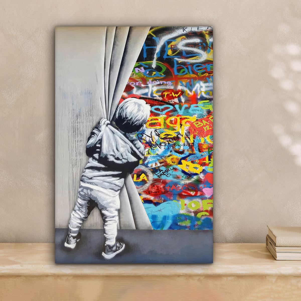 LEINWANDBILD Graffiti - Junge - Ilussie - Straßenkunst Deko Wohnzimmer 20x30 cm - Hellgrau, Textil (20/30cm) - MuchoWow