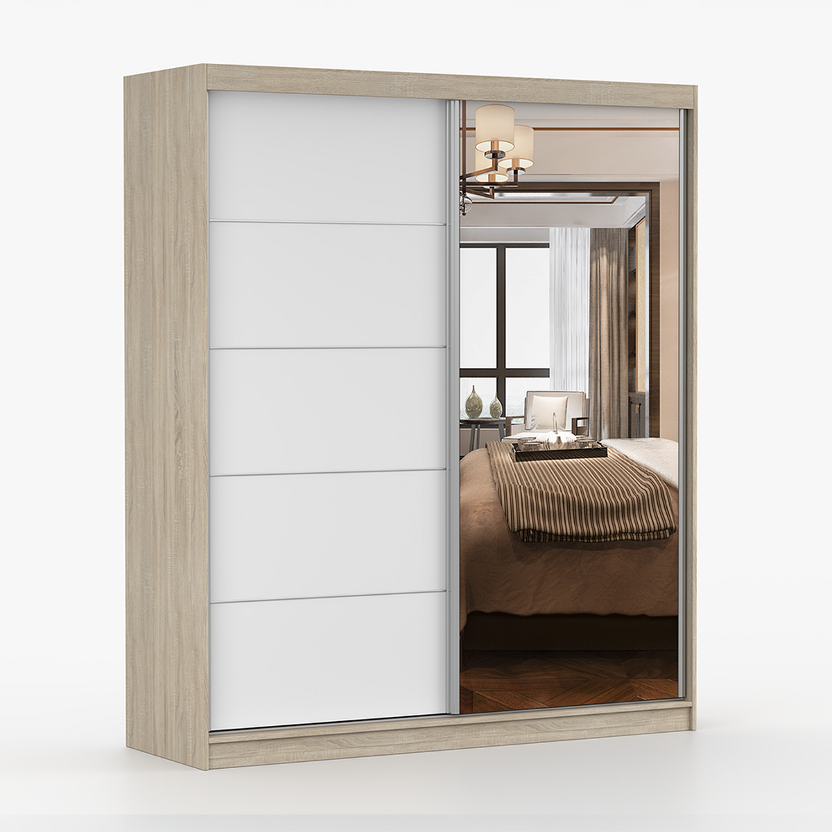 SCHWEBETÜRENSCHRANK 183/218/61 cm 2-türig Bella 03 Sonoma Eiche, Weiß - Alufarben/Weiß, Glas/Holzwerkstoff (183/218/61cm) - imoebel24
