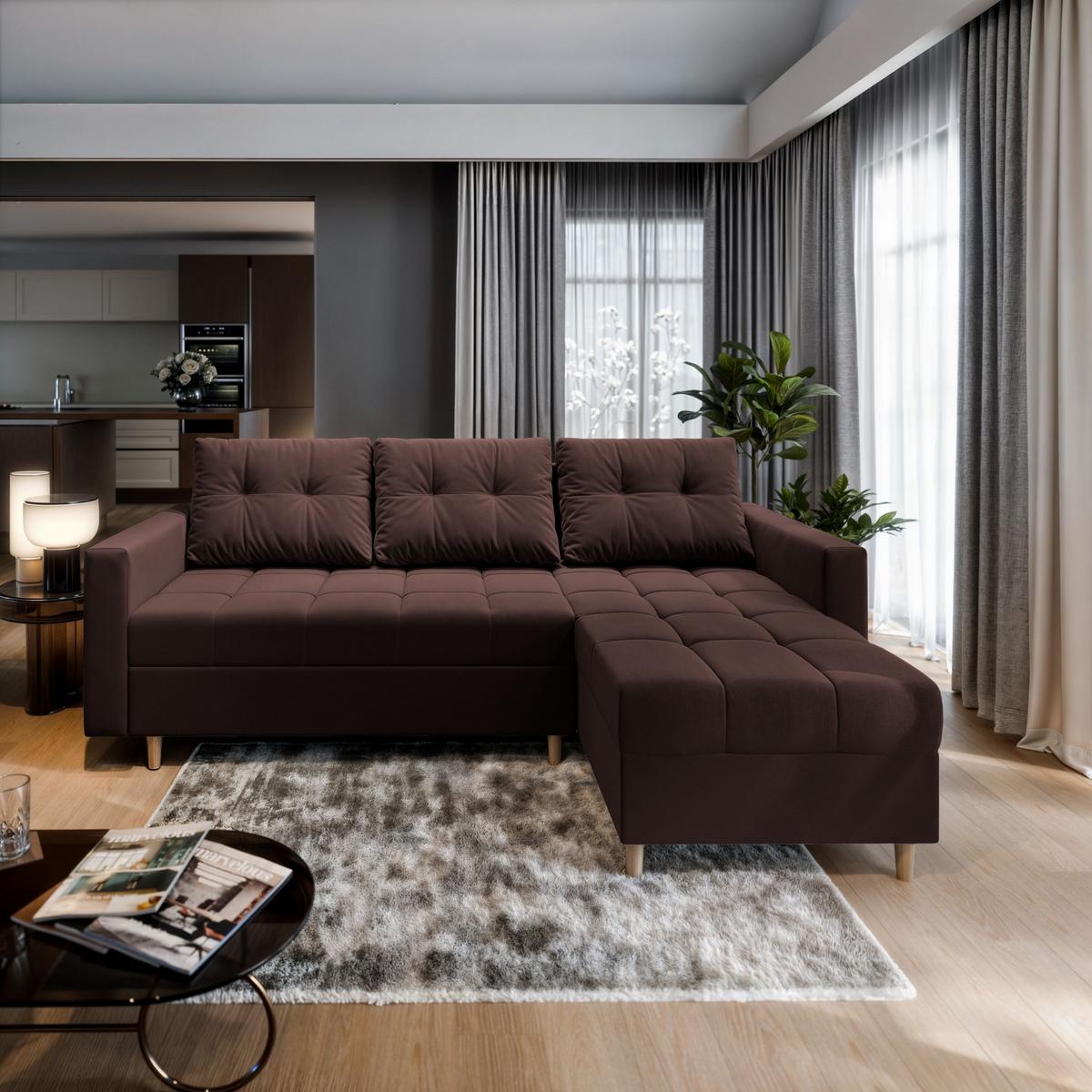 ECKSOFA MILO L Braun Plüsch-Stoff mit Schlaffunktion - Braun, Holz/Textil (220/140cm) - MASSENO
